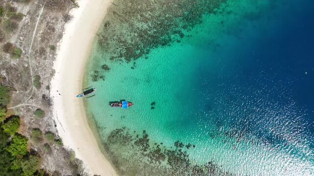 aerial drone shot of Baluran National park and the bright blue sea in East Java Indonesia