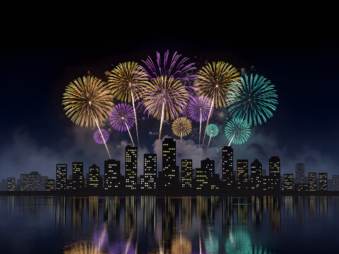 Fireworks display, city skyline, nighttime celebration, colorful explosions
