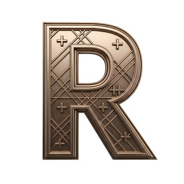 Decorative bronze letter r with a classic grid and cross pattern isolated on transparent background