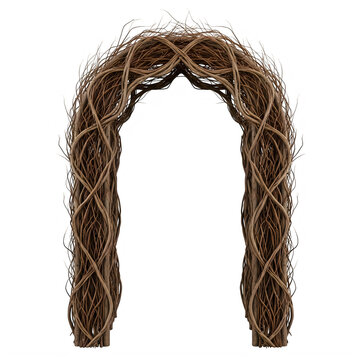 Decorative rustic arch made of twisted dry brown tree branches isolated on transparent background