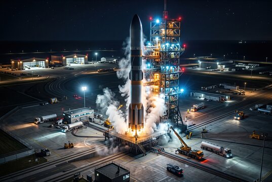 Grand rocket ignites at night, a fiery spectacle on the illuminated launch pad