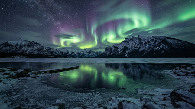 Vibrant green and purple aurora borealis dancing across starry night sky over snow covered mountains and frozen lake with icy shoreline and distant dock