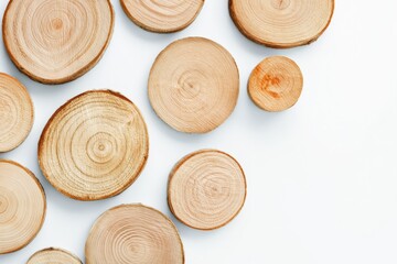 Fototapeta premium Wood rounds stacked and scattered on white background