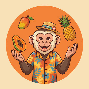 A playful monkey in a floral shirt juggles tropical fruits like mangoes, papayas, and pineapples, representing joy, festivity, and the beauty of nature's bounty.