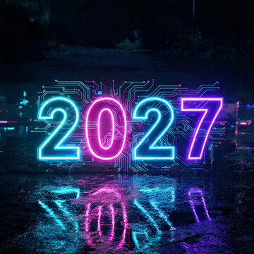 Neon 2027, futuristic date, glowing numbers, cyberpunk aesthetic, dark background