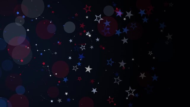 Patriotic background with red, white and blue stars and bokeh circles on dark blue