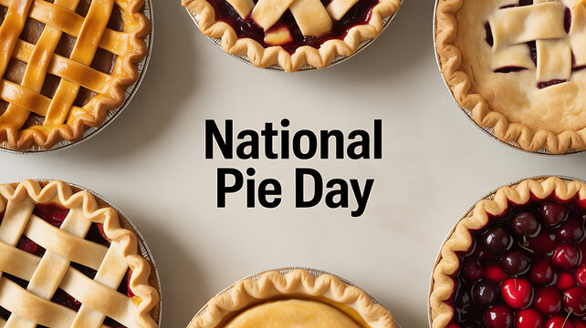 National Pie Day celebration featuring various homemade pies with lattice and crimped crusts, including cherry and custard fillings.