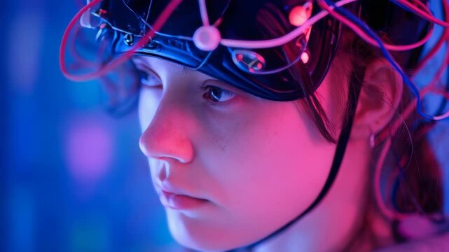 A young woman wearing a neurological headgear with wires and connectors attached. She is focused on something in front of her, possibly the source of bright lights.