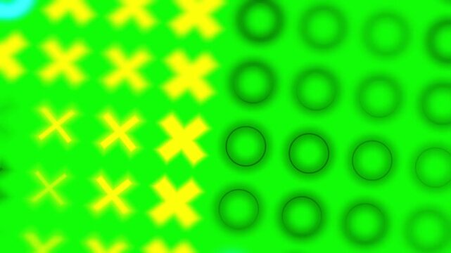Glowing neon rings and geometric cross elements ripple across a bright green backdrop in a flat 3D rendering optimized for dark mode graphics