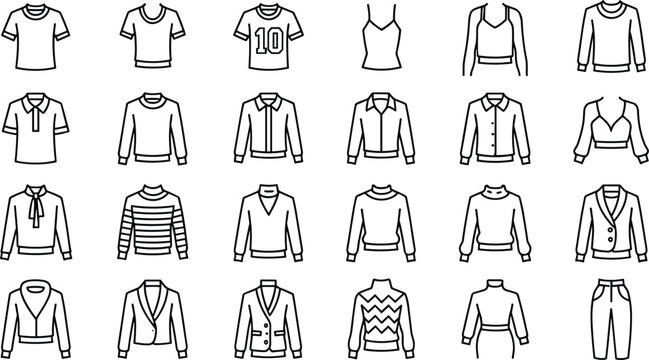 Fashion clothing line icon set featuring casual shirts sweaters jackets tops trousers and various apparel wardrobe garments vectors