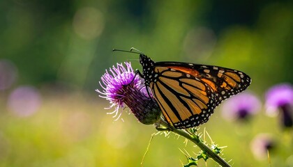 Obraz premium A Monarch Butterfly Resting on a Vibrant Purple Thistle Flower in Natural Sunlight