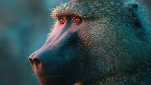Baboon with striking red eyes in profile. Coarse fur and dark muzzle visible. Soft focus background enhances subject. Natural lighting highlights facial texture