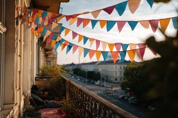 Fototapeta premium Multicolored bunting flags hanging on balcony. Festive decoration for city street celebration. Outdoor summer party atmosphere with carnival garlands draped over urban apartment house.