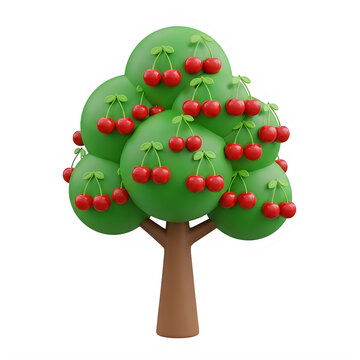 Small 3d cherry tree with ripe red fruit and green leaves isolated on transparent background