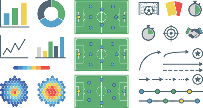 Soccer analytics clipart collection featuring football tactics charts heat maps referee icons performance metrics and coaching strategy vector illustration set