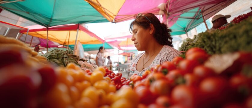 Woman vendor selling organic tomato at outdoor street market stall. Local food merchant working under colorful umbrella. Fresh vegetable harvest in morning bazaar. Small business concept.