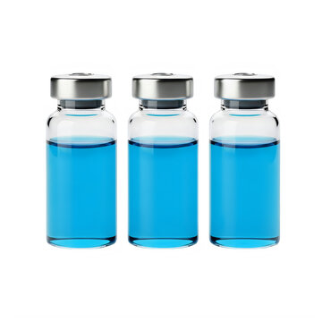 Three glass medical vials with blue liquid vaccine or medicine for injection isolated on transparent background