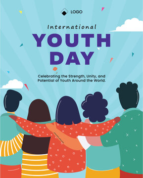 International Youth Day Celebration Greeting Card Template with Friends Group Back View Illustration.