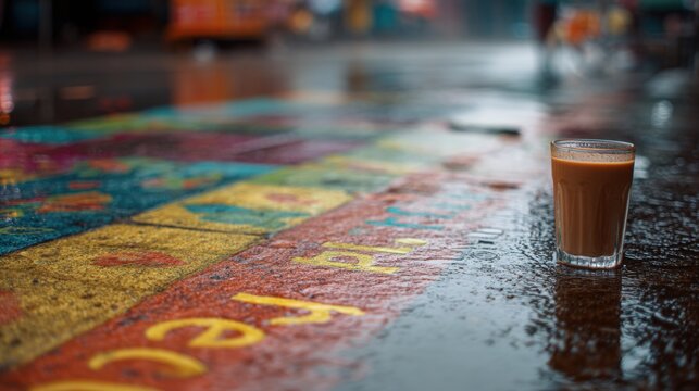 Glass of tea on wet colorful ground. Indian masala chai outdoors on rainy day. Refreshing drink concept. Street food culture and beverage relaxation during monsoon season in city.