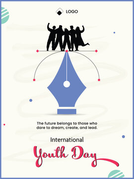 International Youth Day Greeting Card Template with Creative Pen Tool Vector Path and Celebrating People Silhouettes Illustration.