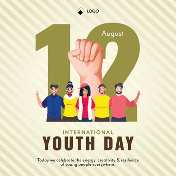 International Youth Day Greeting Card Template with 12 August, Raised Fist Symbol and Diverse Youth Unity Illustration on Striped Background.