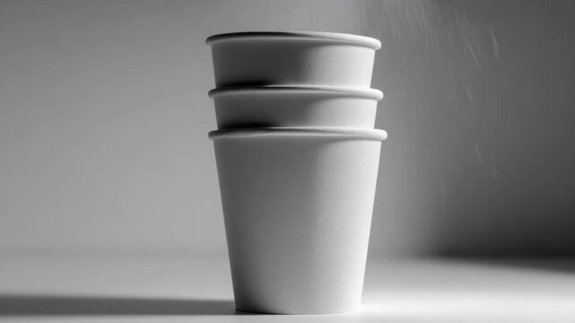 A stack of paper coffee cups on a tabletop with light falling on them.