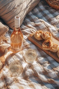 Rose wine bottle with glass and pastry on picnic blanket. Romantic outdoor lunch setup. Sunny summer afternoon snack with wine and sweet baked food. Leisure holiday vacation.