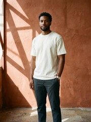 Obraz premium Three-quarter portrait of a confident Black man in his 20s standing indoors by geometric window shadows wearing a blank off-white t shirt, apparel mockup concept.