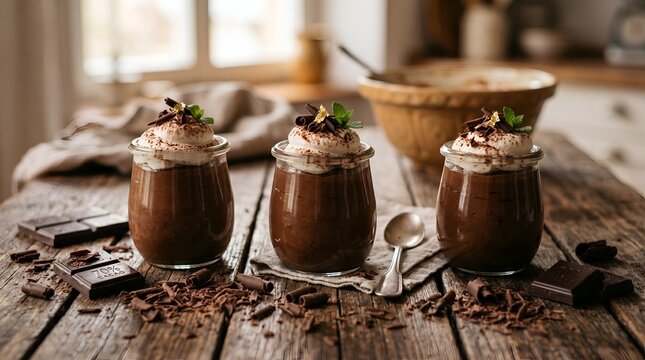 Three small glasses of rich chocolate mousse dessert on wooden table