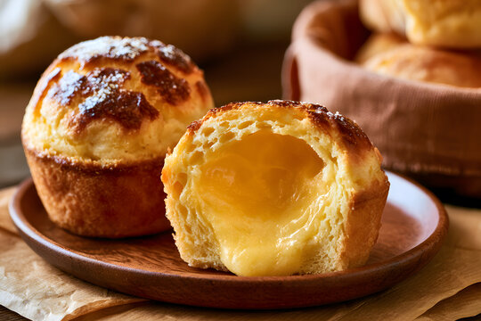 Portuguese Pao de Lo de Ovar with Soft Molten Center on Wooden Plate