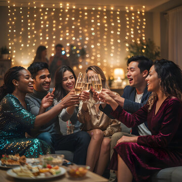 Friends toasting champagne, New Year's Eve party, festive gathering, happy people