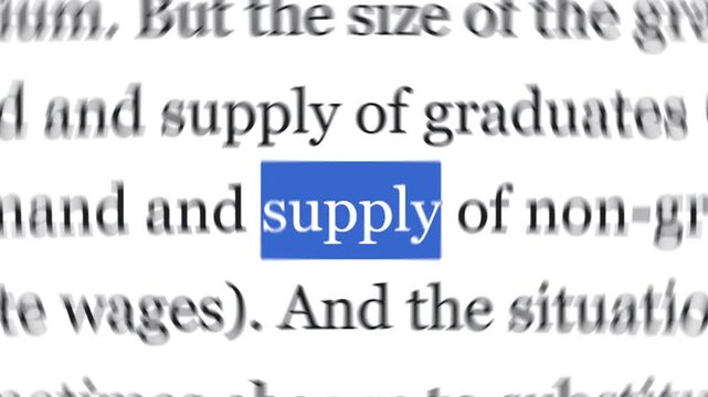 Looping footage of the word "Supply" with match cut and blur effect. Close-up of Printed Economic Text with Word Supply Highlighted in Blue
