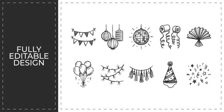 Festive party decoration and birthday event hand drawn icons set featuring banners balloons and cake for holiday celebration and greeting card branding graphics design