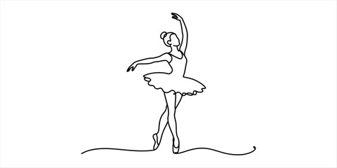 Continuous single line drawing of a graceful ballerina dancing in a tutu dress in a simple minimalist art style for creative design projects and decor © Ratna Art_Gallery