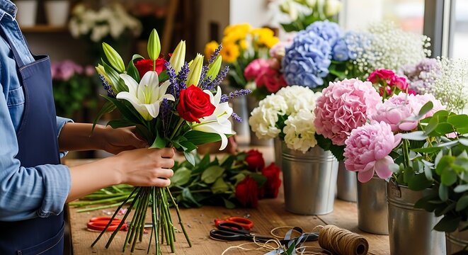 Florist arranging bouquet of roses lilies and lavender in shop with many flowers