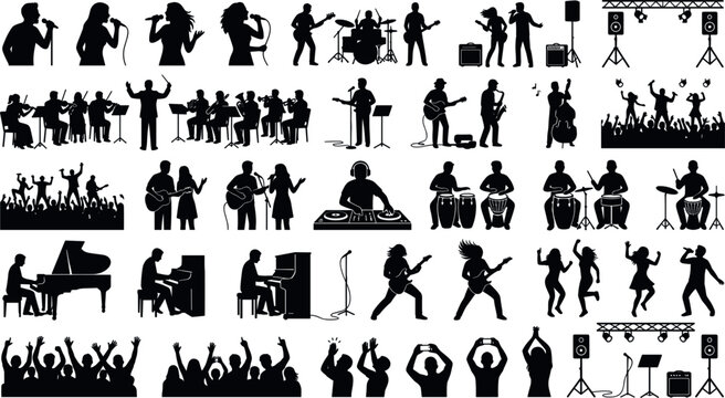 Large collection of live music performance silhouettes featuring band musicians, singers, concert crowds, DJs, orchestras, stage equipment, and enthusiastic fans cheering