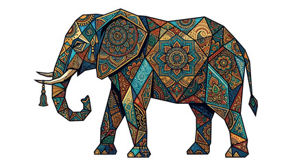 Obraz premium Ornate Indian elephant illustration with colorful mandala patterns on white background.