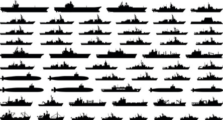 Navy warships and military vessel silhouettes collection featuring aircraft carriers destroyers cargo ships and submarines for defense industry graphic design © Mehedi