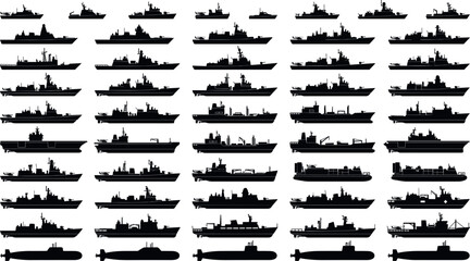 Military warships silhouette collection set including navy battleships aircraft carriers cruisers and submarines for defense armed forces graphic design elements © Mehedi