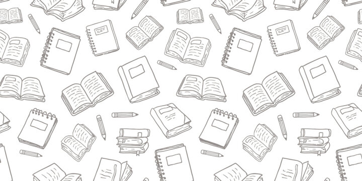 Books and notebooks hand drawn seamless pattern line art vector