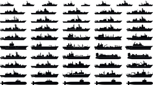 Military warships silhouette collection set including navy battleships aircraft carriers cruisers and submarines for defense armed forces graphic design elements