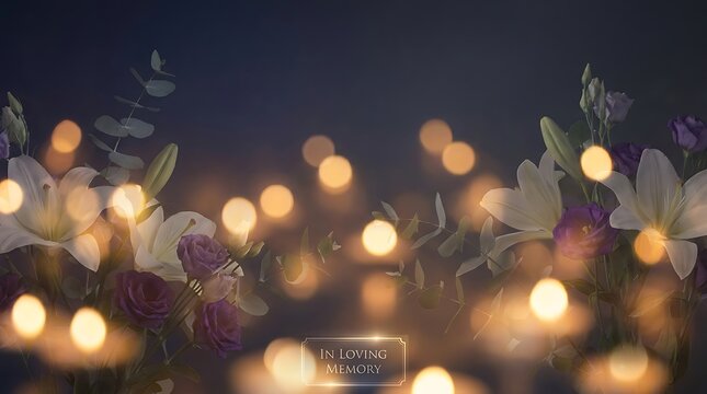 Memorial flowers and candles in loving memory at a funeral or ceremony with white lilies and purple roses