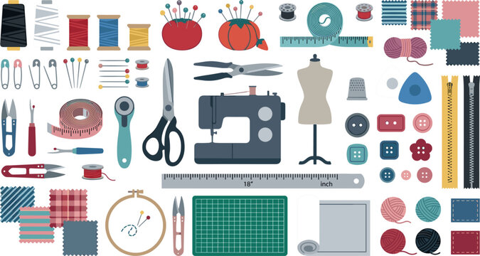 Tailoring and dressmaking vector illustration set featuring a sewing machine mannequin pincushion thread spools scissors buttons zippers and textile craft tools