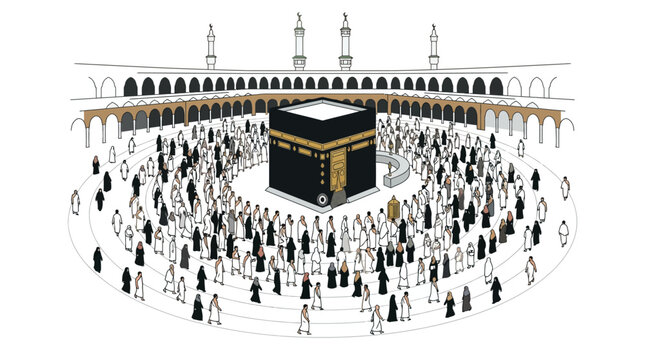 Illustration of pilgrims performing Tawaf around the Holy Kaaba in Mecca
