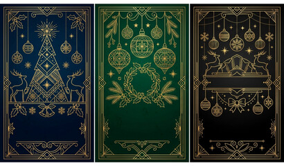 books cover Vector Set - Gold Line Art Tree Reindeer Art Deco on White Background  © Tanverislam
