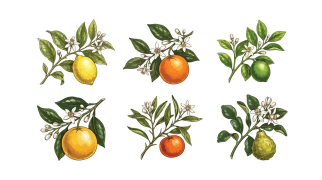 Hand Drawn Botanical Illustration Set of Citrus Fruits with Leaves and Blossoms