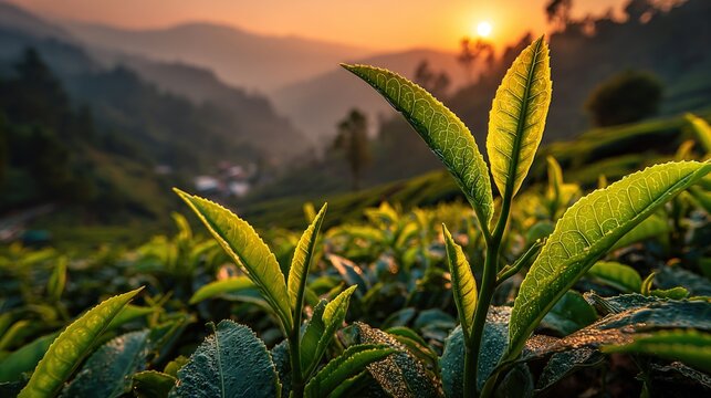 Fresh green tea leaves with dew drops in a mountain plantation at sunrise