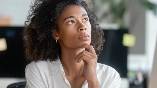 Woman with curly hair deep in thought at work.