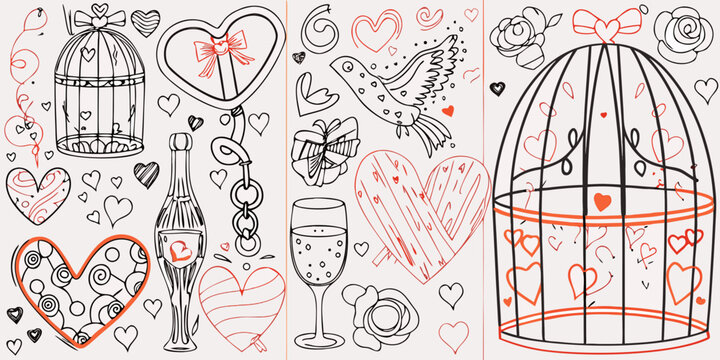 Valentine s Day Hearts Birds And Gifts Line Art Illustration
