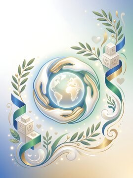 Abstract illustration of hands holding a glowing globe surrounded by decorative laurel leaves and elegant flowing silk ribbons